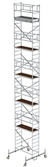 Aluminium-Rollgerüst mit Fahrbalken, Plattformen im 2m-Abstand Arbeitshöhe bis ca. 12,50 m, Gerüstgröße 0,75 m x 1,80 m