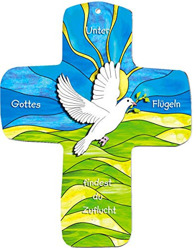 metALUm Kleines Kinderkreuz zum Aufhängen aus MDF, Motiv: Taube - Unter Gottes Flügeln findest Du Zuflucht, Geschenk zur Kommunion, Konfirmation und Taufe, für Jungen und Mädchen