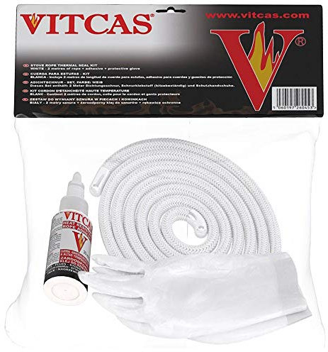 VITCAS 8mm White Stove Rope Seal + Glue (KIT) - High Temperature Rope Adhesive- Sealing- Gasketing- Fire Rope- Thermal Rope with Protective Gloves