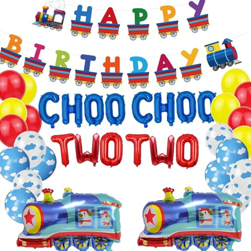 SKIRUP Choo Choo Zwei Party Dekorationen für 2 Jahre Alte Jungen, Zug Ballon Thema Geburtstag Party Supplies, Happy Birthday Zug Banner, Wolke Latex Luftballons, Zug Folienballons