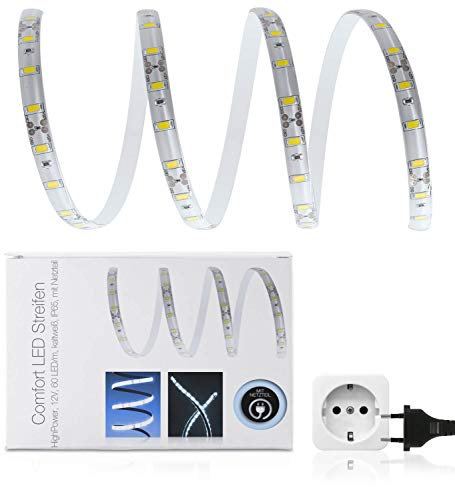 5 Meter Kaltweißer High Power LED Streifen (60 x 5630 SMD Led/m, 1800lm/m, IP65, 12V) - inkl. Netzteil