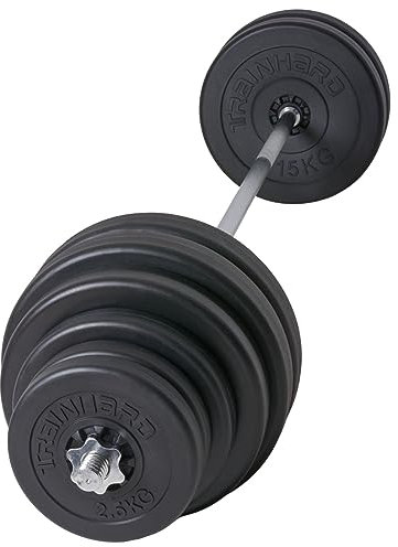 110 kg Langhantelset aus 1,8 m Hantelstange, Schraubenverschlüsse und Gewichten (4 x 2,5 kg, 2 x 5kg, 2 x 10 kg, 4 x 15 kg)