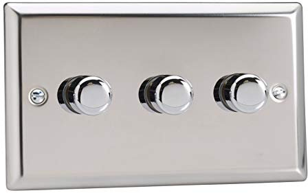 Varilight JCDP303 Classic V-Pro Mirror Chrome 3 Gang Trailing Edge LED Dimmer Switch 1 or 2 Way,91x150x47mm