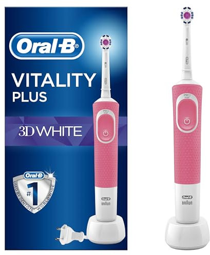Oral-B Vitality Plus Electric Toothbrush, 1 Handle, 2 3D White Toothbrush Heads, 1 Mode with 2D Cleaning, 2 Pin UK Plug, Pink & Blue
