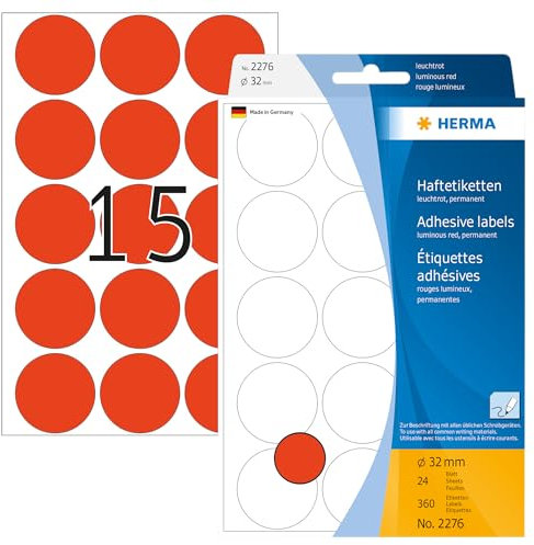 HERMA 2276 Punktaufkleber Klebepunkte leuchtrot, 360 Stück, Ø 32 mm, 15 pro Bogen, selbstklebend, Markierungspunkte für Kalender Planer Basteln, matt, blanko Papier Farbpunkte Aufkleber