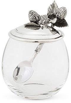 Vagabond House Glass Pot with Pewter Metal Strawberry Jam Jar Jelly Pot with Lid and Serving Spoon 5 inch Tall 12 oz