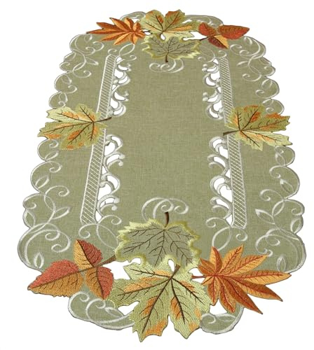 Herbst Blätter Tischläufer Tischdecke Mitteldecke Kissenhülle Leinen-Optik Grün Beige - Größe wählbar (ca. 35 x 70 cm Oval)