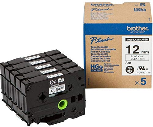 Brother HGe-131V5 Beschriftungsbandkassette, Vorteilspack, schwarz auf klar, 12 mm (B) x 8 m (L), laminiert, inkl. 5 x Bänder, Brother Originalbedarf