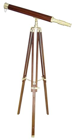 Standing Telescope Brass with Wood Coating Wooden Tripod Length Approx. 100 cm Height Approx. 160 cm