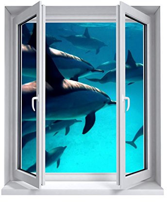 Stickers trompe l'oeil fenêtre Les dauphins - L 100cm x H 120cm