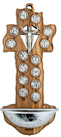 Olive Wood Stations of the Cross Holy Water Font (Crucifix-Style)