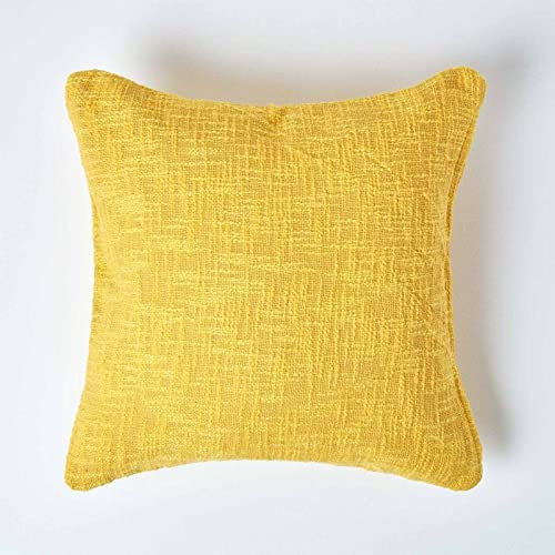 HOMESCAPES Yellow Ochre 24 x 24 Inch Nirvana Pure Slub Cotton Cushion Cover Coordinating with Matching Throws and Bedspreads