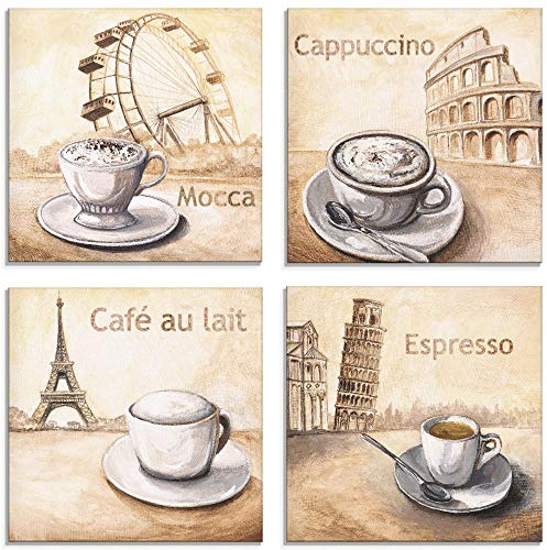 ARTland Wanddeko Glasbilder Wandbild Glas Bild Set 4 teilig je 40x40 cm Quadratisch Kaffee Cafe Coffee Cappuccino Italien Frankreich Pisa Paris S6MM