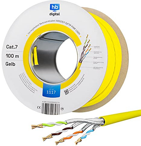 HB Digital 100m cable de red Cable de instalación LAN cable cat. 7 cobre PROFI S/FTP PIMF LSZH Amarillo libre de halógenos conforme a RoHS cat. 7 Cat7 AWG 23/1