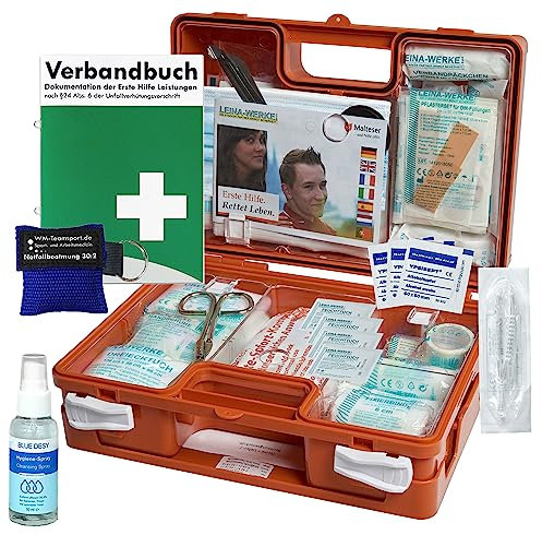 Erste-Hilfe-Koffer M1 mit Notfallbeatmungshilfe für Betriebe - aktuelle DIN/EN 13157 incl. Verbandbuch & Hygiene-Gel