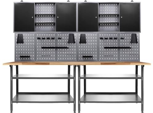 Ondis24 Werkstatteinrichtung 240 cm Werkbank Nobbi, Metall, Lochwand mit Hakensortiment, 2 Werkstattschränke (Arbeitshöhe 85 cm, Schwarz)