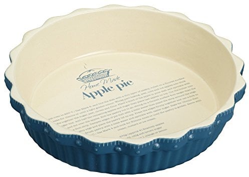 KitchenCraft Home Made Pie Dish with Fluted Rim and Printed Recipe, Stoneware, Navy/Cream, 26 x 6 cm
