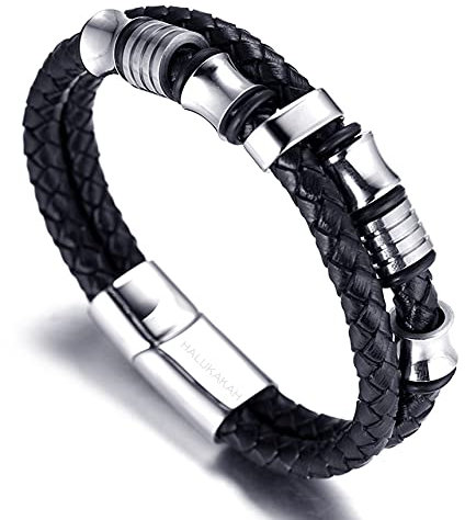 Halukakah Herren Echtes Lederarmband mit Titanperlen Gold/Silber/Schwarz Magnetverschluss Größe Einstellbar 21.5-23cm mit Gratis Geschenkbox (Silber 21,5cm)