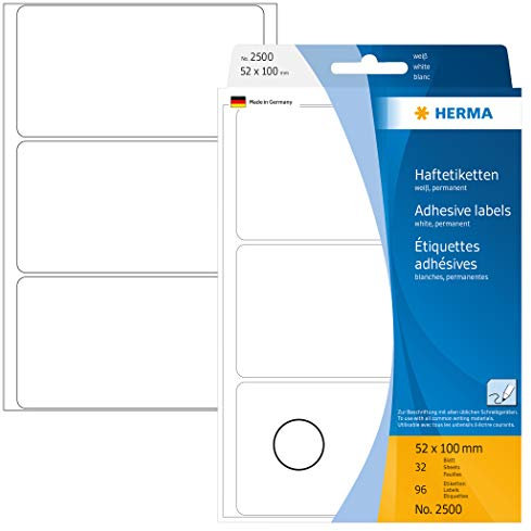 HERMA 2500 Vielzweck-Etiketten, 96 Stück, 52 x 100 mm, 3 pro Bogen, selbstklebend, Haushaltsetiketten zum Beschriften, matt, blanko Papier Klebeetiketten Aufkleber, weiß
