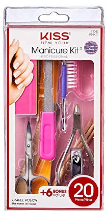 KISS 20-Piece Professional On-The-Go Manicure Kit, Nail Clipper, Cuticle Nipper, Brush, Cuticle Pusher, Emery Boards, Metal File, Large File, Buffing Block, Manicure Sticks, Scissors, Travel Pouch