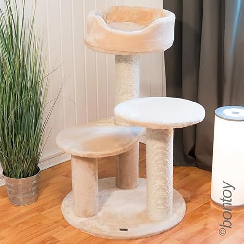Bontoy Kratzbaum Kimba XXL I 93 cm hoch I Katzenbaum in Creme I Mittelgroßer Kratzbaum I 12cm SisalstämmeI 2 Stufen zum Korb I Kratzen I Spielen I Kratzen