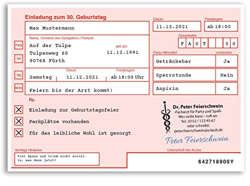 gestaltenlassen.com (40 x) Einladungskarten Geburtstag ärztliches Rezept Krankenrezept Einladungen