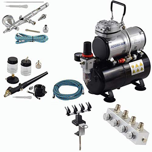 Agora-Tec® Airbrush Komplett-Set PROFI XV.3, Komplettsystem für Airbrush, inkl. Kompressor mit 4 bar, 20l/min und 3 Liter Tank + 2 Airbrushpistolen mit 0,2 & 0,3 & 0,8mm Nadeln/Düsen + regelbaren 4-fach Luftverteiler + 4fach-Halter + 2 Schläuche+ Adapter