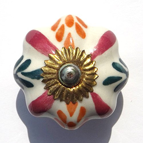 Cream Flower with Pink Star and Green/Orange Leaves (Brass Fittings) Ceramic Cupboard Door knobs Drawer pulls Shabby Chic Handle Porcelain