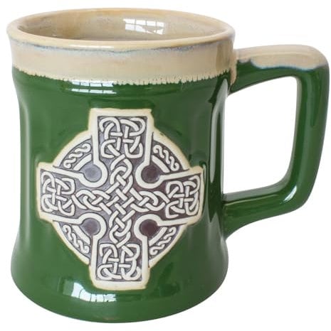Irish Designed Pottery Mug With A Celtic Cross Design, Green Colour