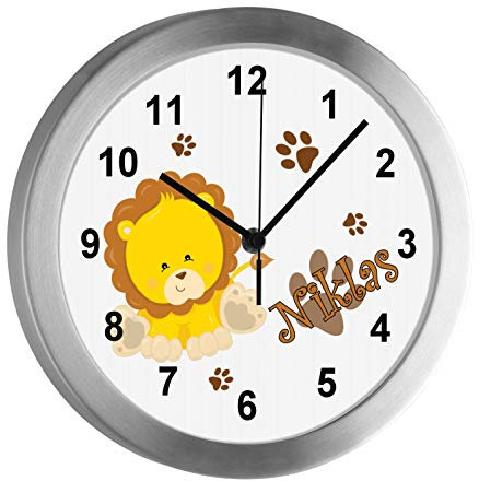 CreaDesign Kinder Funkwanduhr mit (Wunsch) Namen | Kinderzimmer Funkuhr| mit Analog ? Ziffernblatt | geräuscharm | Wanduhr Kind | Motiv Löwe