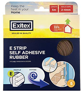 Exitex E Strip 5m Self-Adhesive Rubber Door & Window Draught Seal (Brown) | For 2–4mm gaps around doors and windows; flexible brown E-profile rubber with self-adhesive backing. Trims to fit.