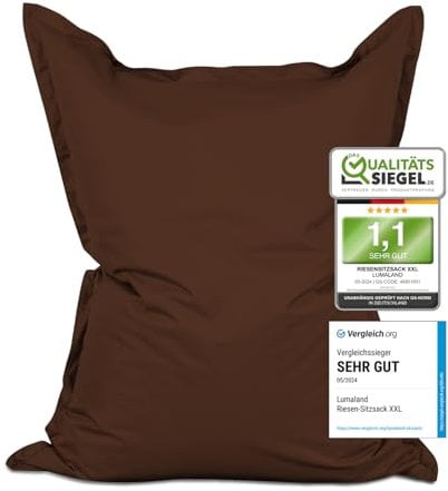 Lumaland Riesen-Sitzsack XXL 140x180 cm | Wasserfestes Indoor & Outdoor Liegekissen mit über 3 Mio. anpassungsfähigen EPS-Perlen | Bean Bag mit waschbarem Bezug [Braun]