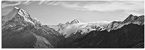 Leinwandfoto als Panorama SCHWARZ/WEISS 150x50cm Neuseeland Nationalpark Berge Schnee