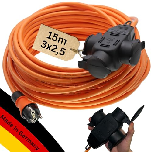 maxgo Verlängerungskabel 15m Außen 3-Fach Verteiler H07BQ-F 3x2,5 Panzerleitung Stromkabel Außenbereich Schuko Verlängerung 15 Meter Outdoor Verlängerung Kabel Mehrfachstecker Multisteckdose
