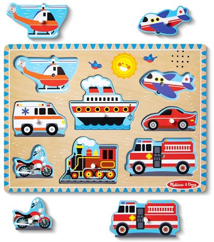 Melissa & Doug Vehicles Sound Puzzle - Wooden Peg Puzzle With Sound Effects (8 pcs)