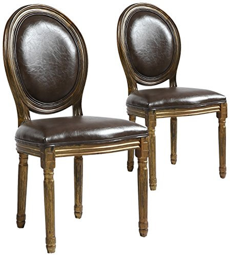 Louis XVI Set mit 2 Medaillon Stühlen, Golden Patiniertes Holz & Kunstleder Braun