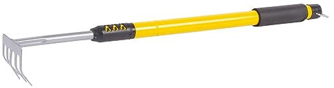 Green Blade 1x Yellow 66-96cm Carbon Steel Telescopic Garden Rake - Long Handle Heavy Duty Gardening Lawn Grass Leaf Soil Hand Tool