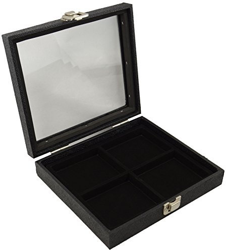 Display Case with Glass Lid & Clasp +Black 4 Compartment Insert