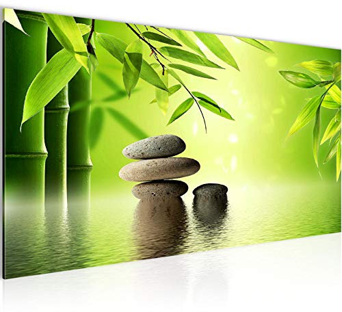 Runa Art Wandbild Feng Shui Steine 1 Teilig 100 x 40 cm Modern Bild auf Vlies Leinwand Bambus Spa Wohnzimmer Schlafzimmer Grün 501912a