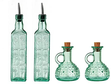 Country Home Restaurant Set, Consisting of: 2x Fiori Glass Olive Oil / Vinegar Bottles with Stainless Metal Pourers and 2x Olivia Glass Olive Oil Jugs with Cork Stoppers (4 Pieces)
