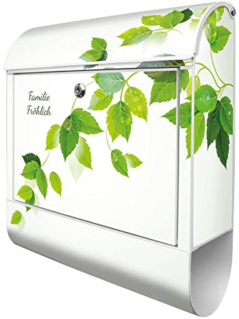 banjado® Design Briefkasten personalisiert mit WT Blätterranke 38,5x46,5x13cm & 2 Schlüssel - Briefkasten Stahl weiß mit Zeitungsfach pulverbeschichtet - Postkasten A4 Einwurf inkl. Montagematerial