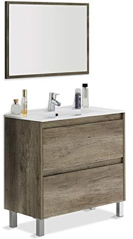 Habitdesign 305040H - Mueble de Baño Dakota con Dos Cajones y Espejo, 80 X 80 X 45 cm, Color Nordik