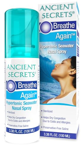 ANCIENT SECRETS Saline Nasal Spray - Breath Again Hypertonic Seawater Nasal Spray, Allergy & Sinus Relief, Nasal Congestion Moisturizer, 3.38 Fl Oz