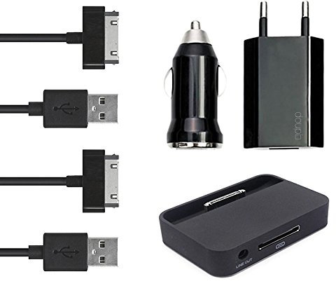 doupi 5in1 Caricabatterie & Auto set di ricarica per iPhone 4 4S Nero 1x Docking Station + 1x veicolo a motore-Caricabatterie 1a universal + 1x Alimentatore + 2x USB Cavo Lightning 30pin (per iPhone iPad 2 3 iPod u.a). compatibile con iOS