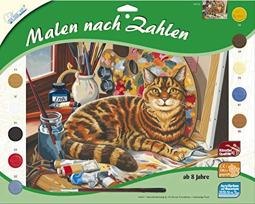 MAMMUT 109105 - Malen nach Zahlen Tiermotiv, Katze, Komplettset mit bedruckter Malvorlage im A3 Format, 10 Acrylfarben und Pinsel, großes Malset für Kinder ab 8 Jahre