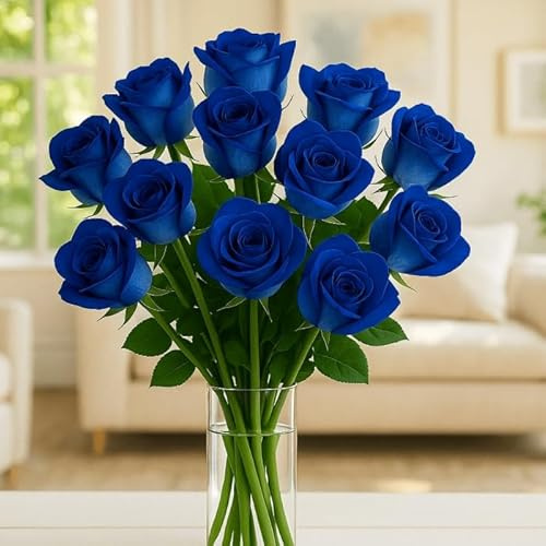 10 blaue Rosen - Langstielig - Vasenfertig - Inklusive gratis Grußkarte
