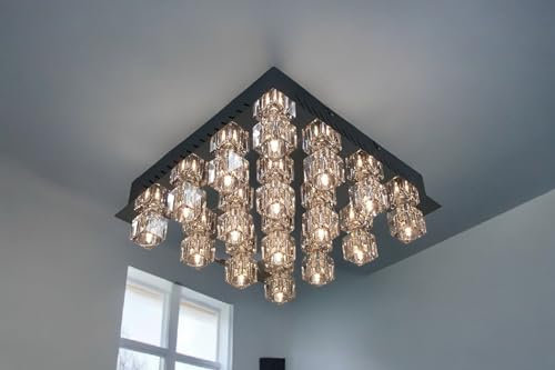 Dapo CRYSTAL LED-Halogen-Decken-Wand-Leuchte Metall 35x35x 2,5cm, Kristallglas-Einsatz 3,6x3,6x4cm, 48 LED warmweiß + Farbwechsel und Fernbedienung Decken-Wand-Lampe