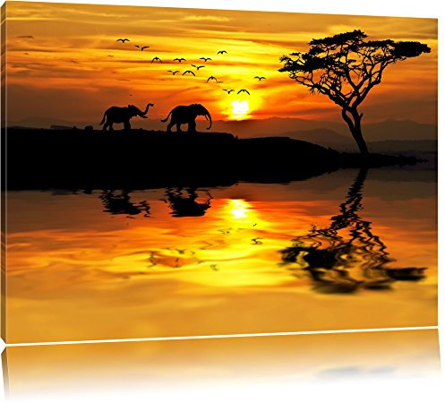 Pixxprint Elefanten in Afrikanischer Steppe, Größe: 120x80cm, Leinwandbild, fertig gespannt, Wandbild, Dekoration, Kunstdruck, kein Poster