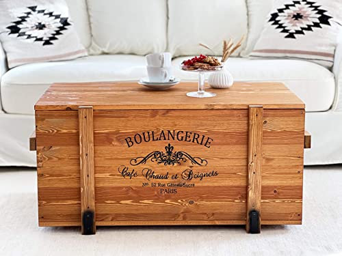 Uncle Joe´s Truhe Boulangerie Couchtisch Truhentisch im Vintage Shabby chic Style aus Massiv-Holz in braun mit Stauraum und Deckel Holzkiste Beistelltisch Landhaus Wohnzimmertisch Holztisch nussbaum