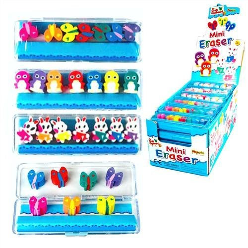 Mini Radiergummis, Bunt, Schmetterling / Hase / Pinguin Design, 7er Pack